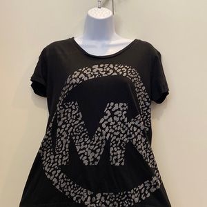 Michael Kors black t-shirt with Glittery cheetah print monogram MK.